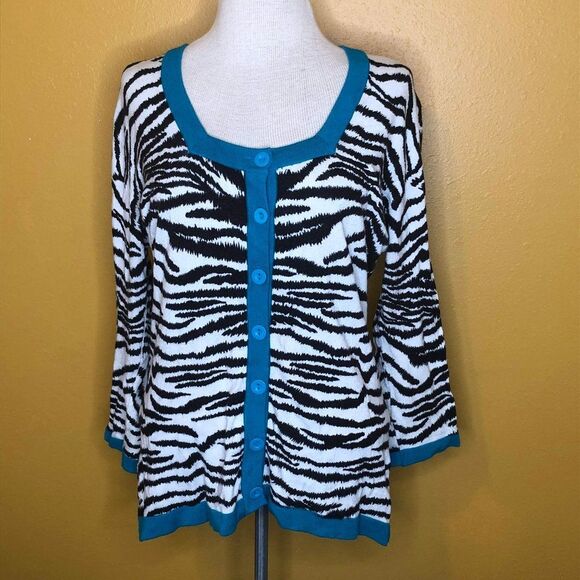 Kenar Sweater Teal White Animal Print Cardigan M - Picture 1 of 4